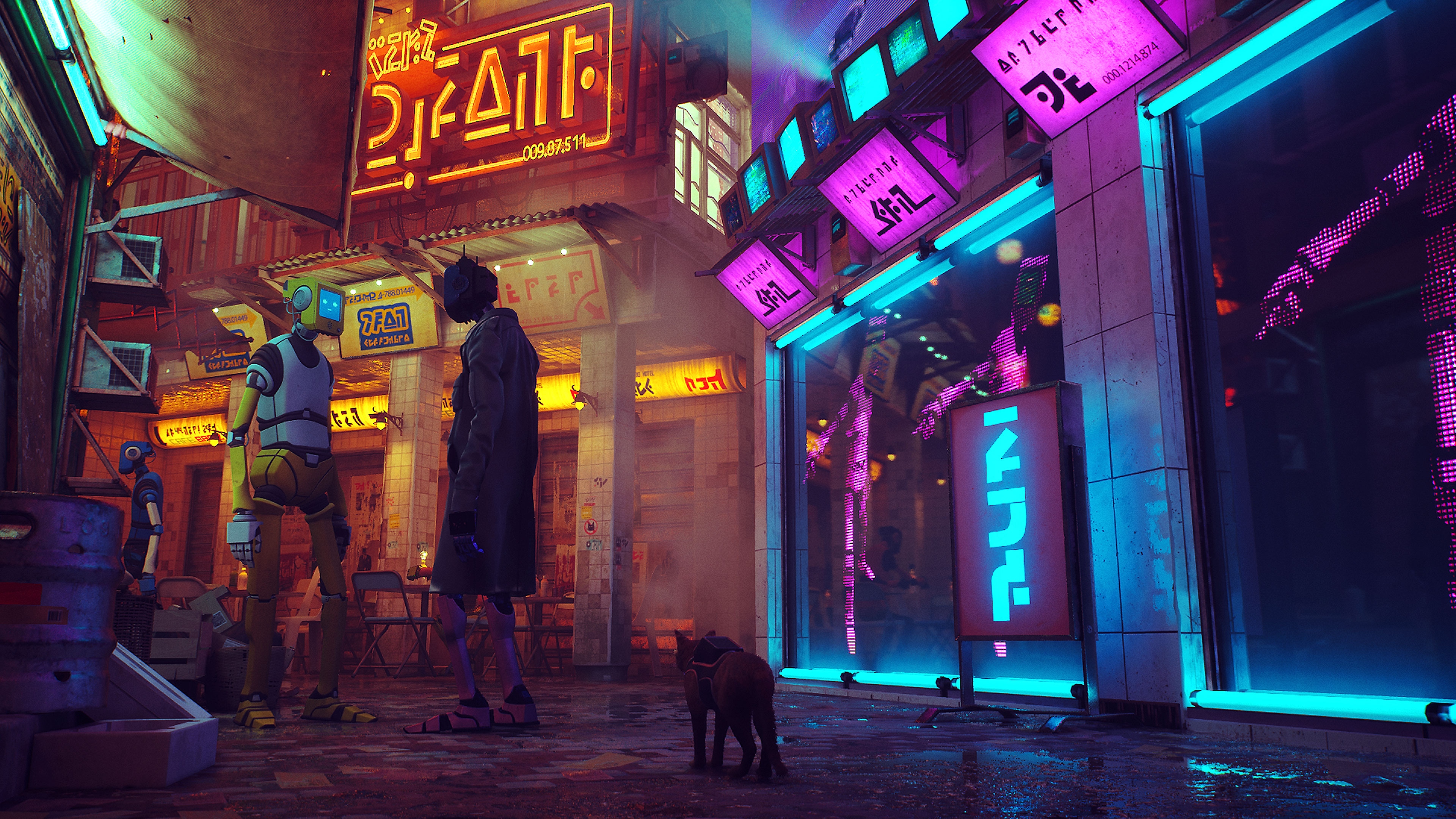 Stray – kuvakaappaus kissasta kävelemässä neonvaloin valaistulla kadulla