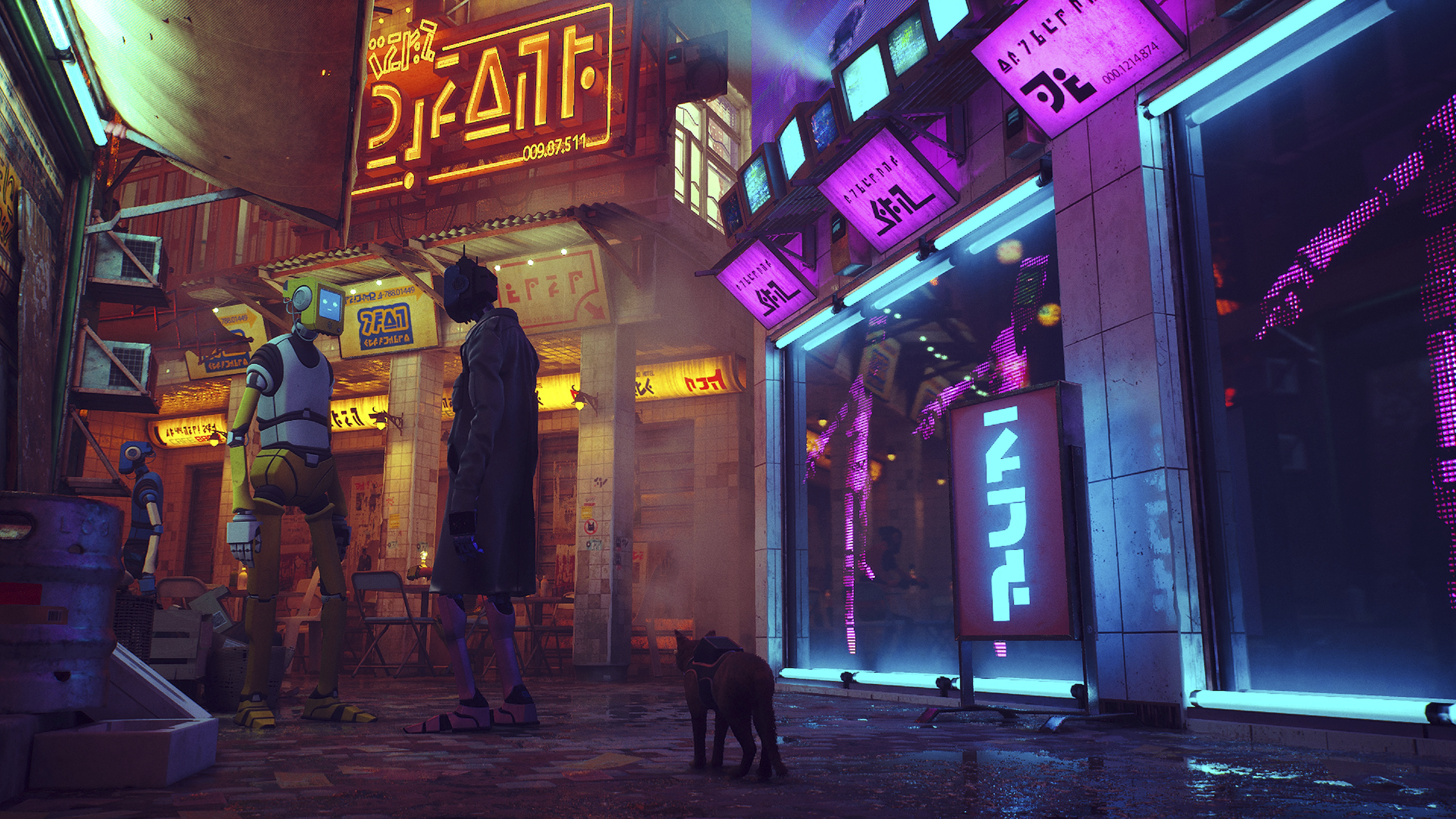Képernyőkép a Stray játékból egy neonfényes utcai jelenettel.