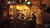 Stray ภาพหน้าจอแสดงให้เห็นแมวนั่งที่บาร์กับหุ่นยนต์สองตัว