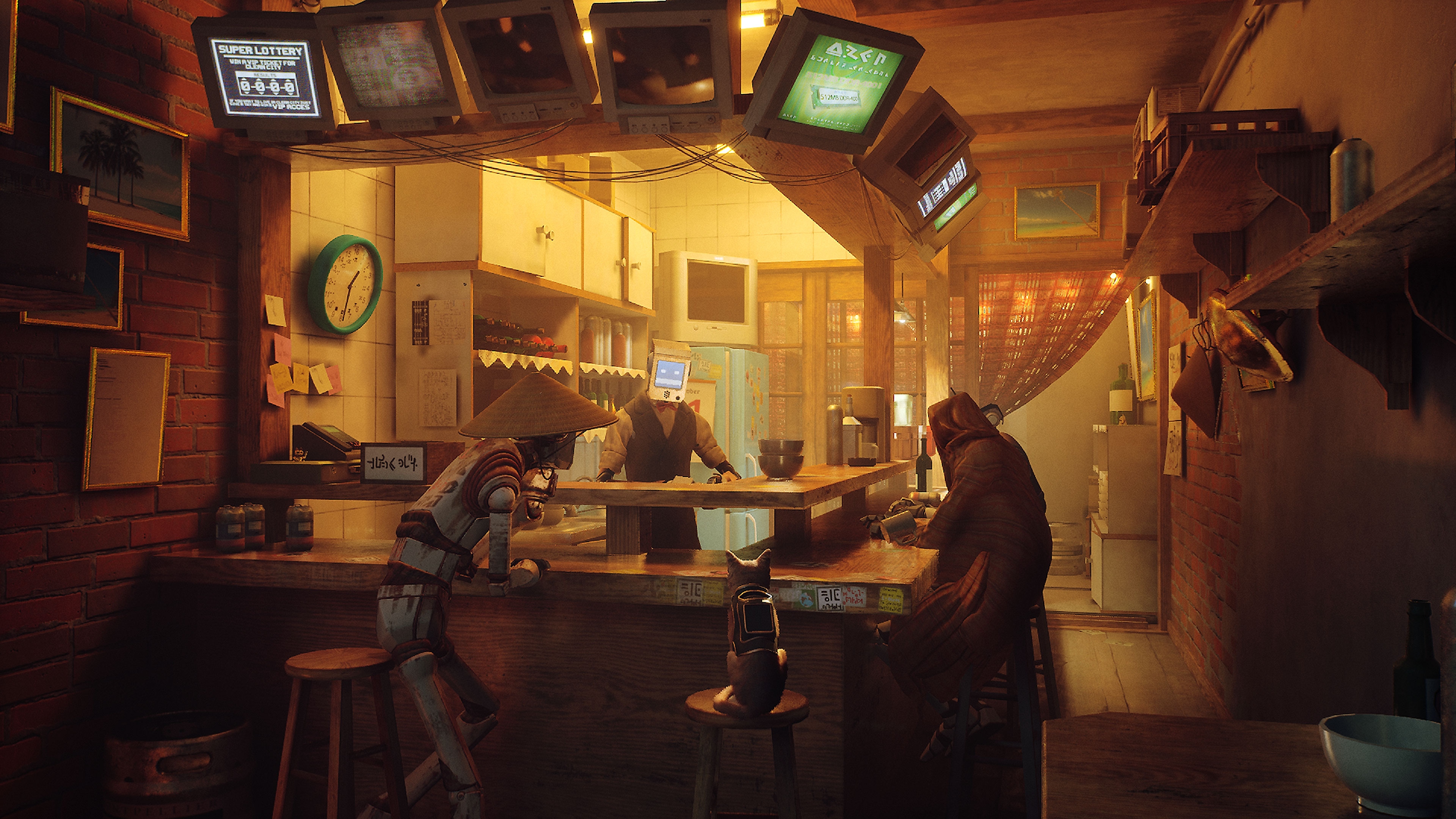 《Stray》螢幕截圖，展示一隻貓和兩個機器人坐在酒吧裡