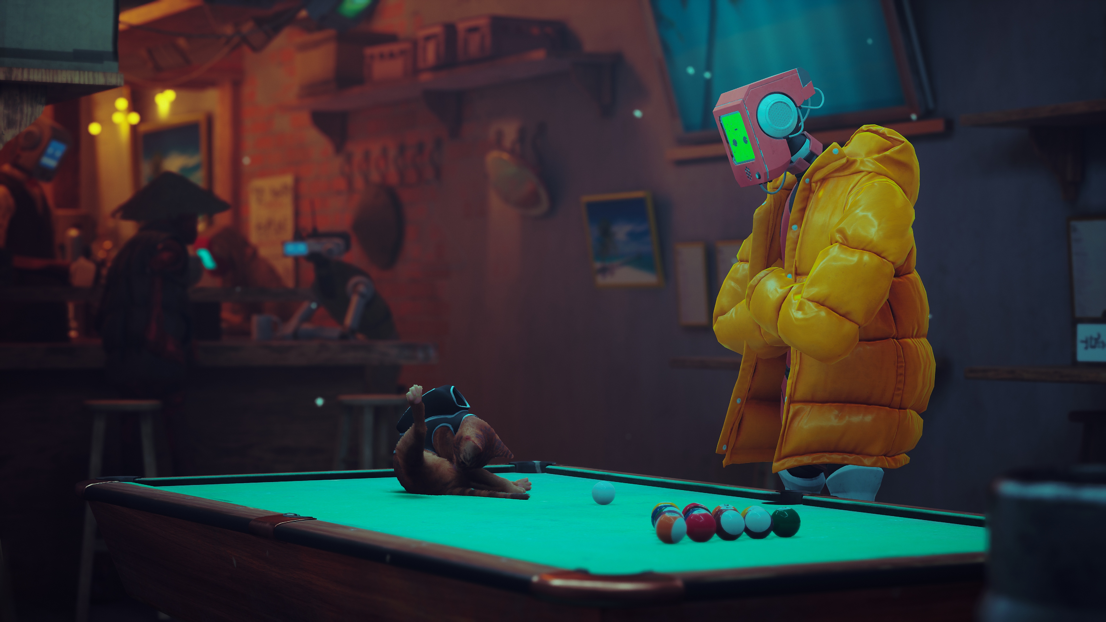 Stray screenshot showing a cat sitting on a pool table next to a robot