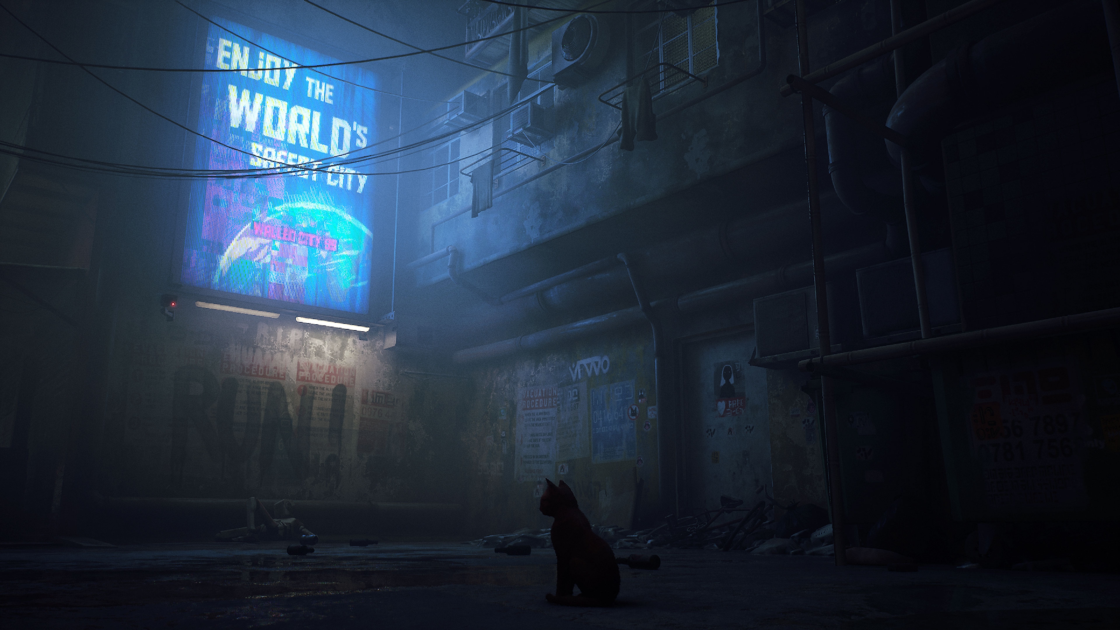 Captura de pantalla de Stray mostrando a un gato sentado frente a un cartel publicitario