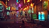 Captura de tela de Stray mostrando um gato percorrendo uma rua banhada por luzes néon