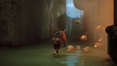 Stray screenshot showing the hero cat running away from enemy Zurks while companion drone B-12 flies after