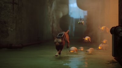 『Stray』スクリーンショット 敵「Zurks」から走って逃げる主人公の猫とその後を追う相棒のドローンB-12