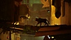 Captura de tela de Stray mostrando um gato andando por uma beirada