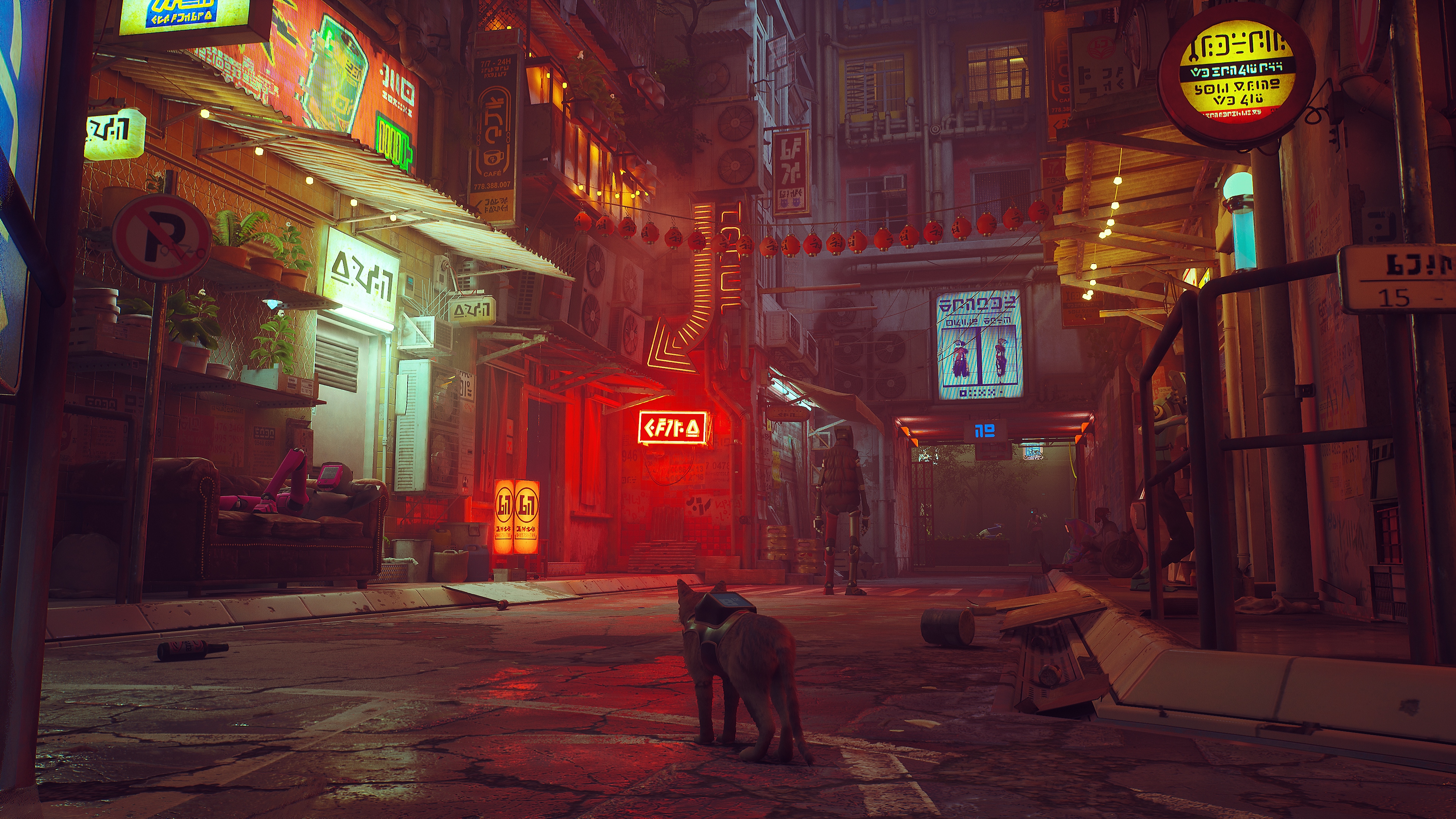 Captura de pantalla de Stray mostrando a un gato andando por una calle