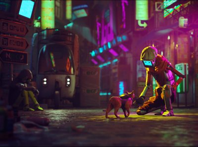 Stray – Screenshot, der eine Katze zeigt, die auf einen Robotereinwohner der Cybercity zugeht