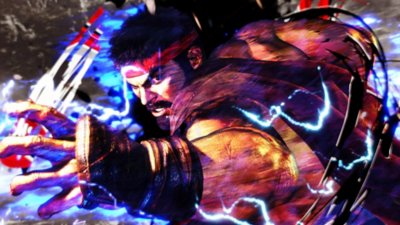 《Street Fighter 6》螢幕截圖，展示一名角色在有一排數位看板的街道奔跑