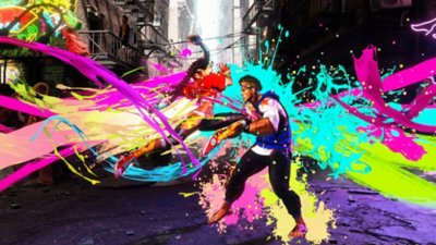 Captura de ecrã de Street Fighter 6 a mostrar uma luta entre Luke e Kimberly com salpicos de tinta coloridos no fundo