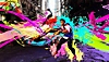 Екранна снимка на Street Fighter 6, показваща битка между Люк и Кимбърли с цветни пръски боя на заден план