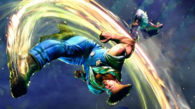 Screenshot aus Street Fighter 6, der Guile zeigt, wie er Ryu mit einem Flash Kick trifft