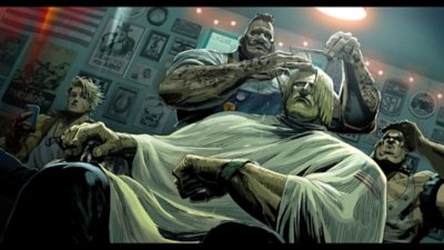 Street Fighter 6 screenshot showing an illustration of a character getting a haircut