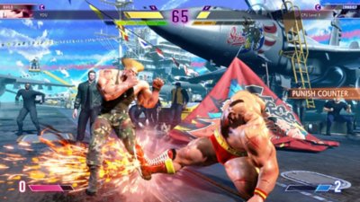  Captura de ecrã de Street Fighter 6 que mostra uma luta entre duas personagens em frente a um caça