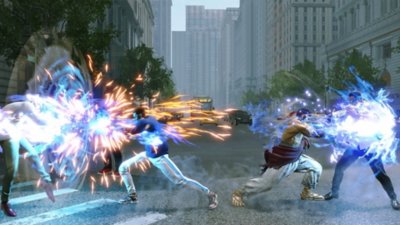 Street Fighter 6 – Screenshot, der einen Spieler im Kampf zeigt, während Ryu ihm beisteht.
