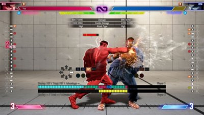Street Fighter 6 screenshot showing a training level with the Input History Display visible on the left hand side of the screen to show button presses