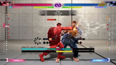 Captura de tela de Street Fighter 6 mostrando uma fase de treino com o histórico de comandos à esquerda da tela para mostrar os botões pressionados