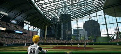 Super Mega Baseball 4 screenshot showing a player watching the field in a huge windowed city stadium