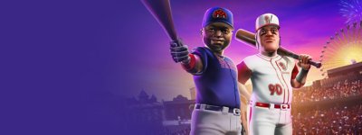 Super Mega Baseball 4 key art showing two caricature baseball players  