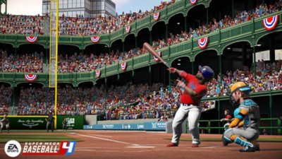 Captura de pantalla de Super Mega Baseball 4 que muestra a un jugador que golpea un jonrón.