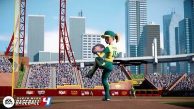 Super Mega Baseball 4 screenshot showing a female pitcher winding up