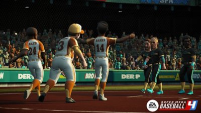 Super Mega Baseball 4 — снимок экрана, на котором легенды вроде Рута, Мейса и Бэнкса дразнят трёх других игроков.