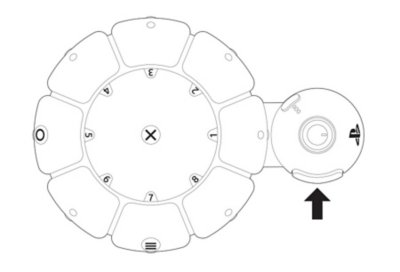 Top view of an Access controller with an arrow indicating the extension arm lock button.