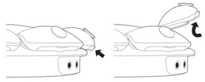 Side view of an Access controller with arrows indicating how to detach a button cap.