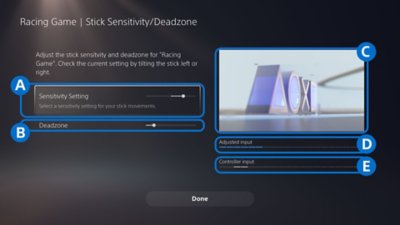 PS5 user interface view of Stick Sensitivity and Deadzone, with letters indicating highlighted sections of the screen. From the top A to E.