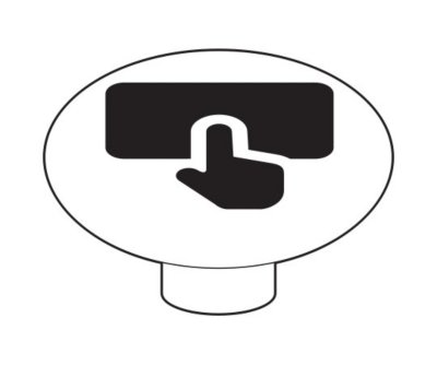 View of a button cap tag with the touch pad button symbol, which is a hand with the index finger extended over a rectangle representing a controller touch pad.