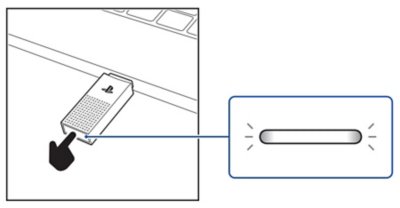 插入电脑的PS Link USB适配器的俯视图，显示了状态指示灯的标注。指示灯闪烁显示。