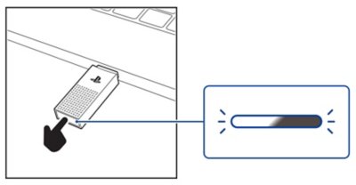 Top view of the PS Link USB adapter inserted into a computer with a callout of the status indicator. The indicator is shown blinking.