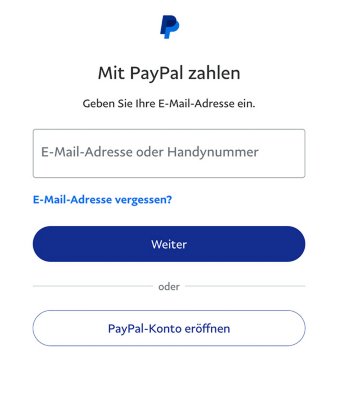 PayPal-Bildschirm mit Optionen zum Erstellen eines PayPal-Kontos, der Anmeldung bei einem bestehenden Konto und einem Link, wenn du deine Anmeldedaten vergessen hast.