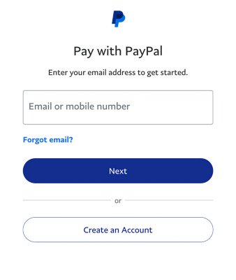 PayPal screen with options to create a PayPal account, login to an existing account, and a link if you've forgotten your credentials.