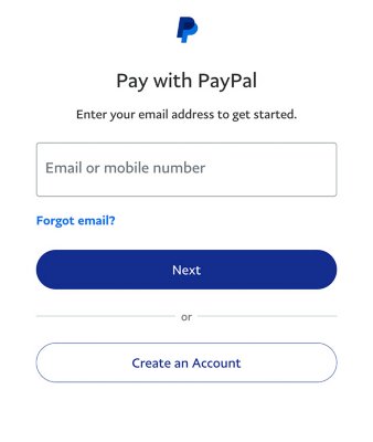 Οθόνη PayPal με επιλογές για τη δημιουργία λογαριασμού PayPal, τη σύνδεση σε έναν υπάρχοντα λογαριασμό και έναν σύνδεσμο για να χρησιμοποιήσετε αν έχετε ξεχάσει τα διαπιστευτήριά σας.