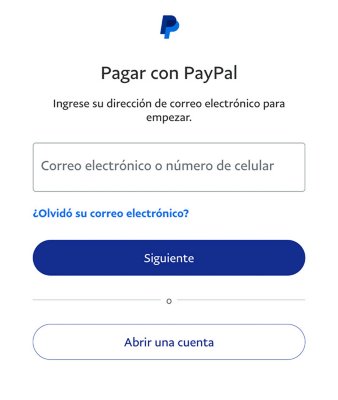 Pantalla de PayPal con opciones para crear una cuenta de PayPal, iniciar sesión en una cuenta existente y un vínculo por si olvidaste tus credenciales.
