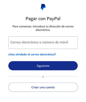 Pantalla de PayPal con opciones para crear una cuenta, iniciar sesión con una cuenta existente y un enlace para restablecer la contraseña.