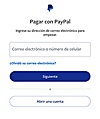 Pantalla de PayPal con opciones para crear una cuenta de PayPal, iniciar sesión en una cuenta existente y un vínculo por si olvidaste tus credenciales.
