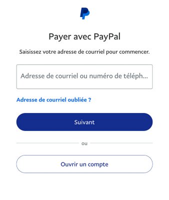 Écran PayPal faisant apparaître les options de création d'un compte PayPal, de connexion à un compte existant et de génération d'un lien si vous avez oublié vos informations d'identification.