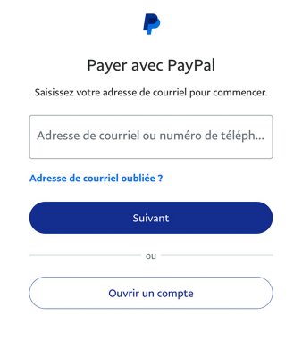 Écran PayPal faisant apparaître les options de création d'un compte PayPal, de connexion à un compte existant et de génération d'un lien si vous avez oublié vos informations d'identification.