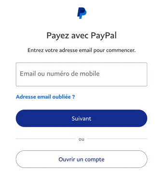 Écran PayPal faisant apparaître les options de création d'un compte PayPal, de connexion à un compte existant et de génération d'un lien si vous avez oublié vos informations d'identification.