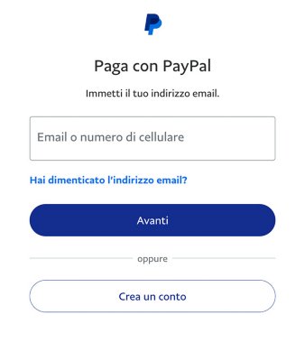 Schermata PayPal con opzioni per creare un account PayPal, accedere a un account esistente e un link se hai dimenticato le credenziali.