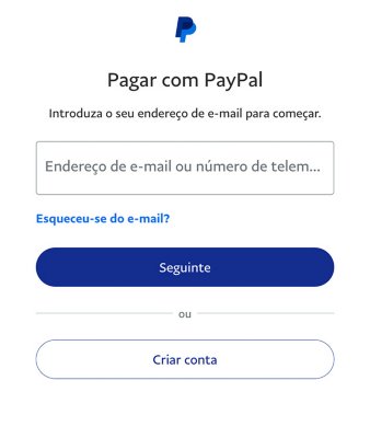 Ecrã do PayPal com opções para criar uma conta PayPal, iniciar sessão numa conta existente e uma ligação para o caso de te teres esquecido das credenciais.