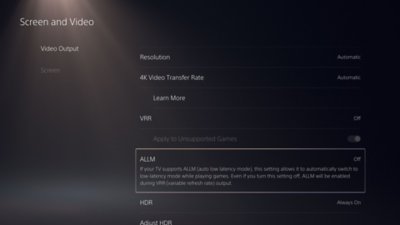 ALLM-innstillinger på PS5-konsoller