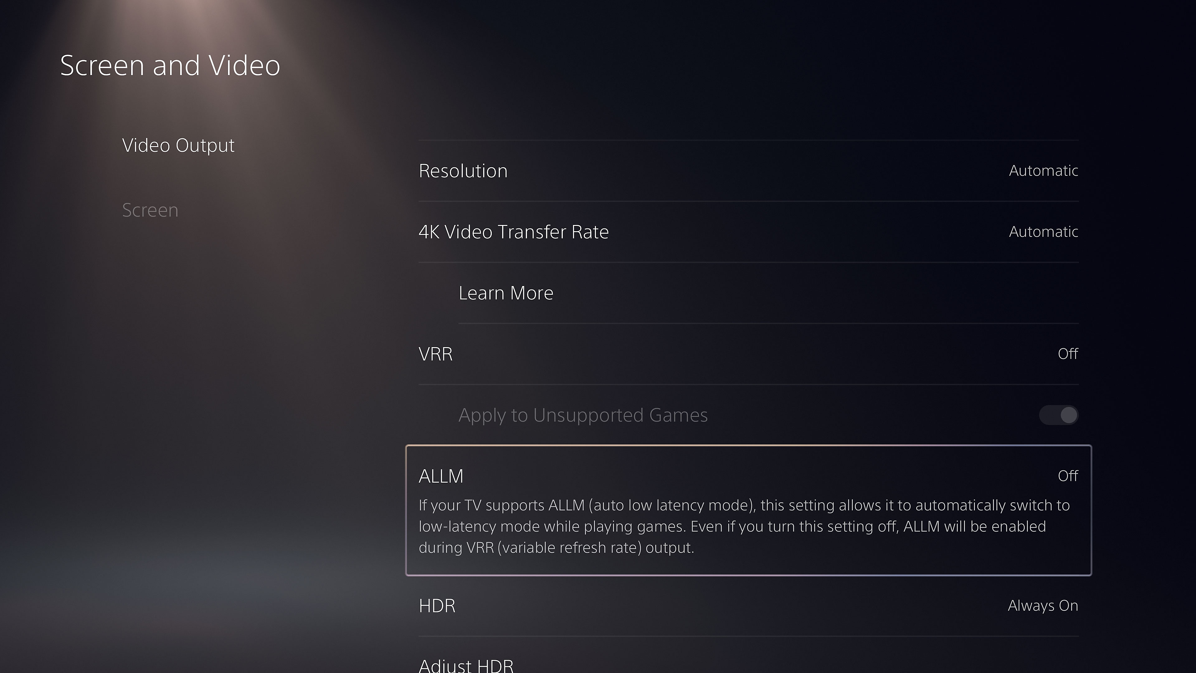ALLM settings on PS5 consoles
