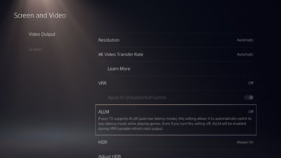 Tela oficial de configurações de saída de vídeo do PS5 com opções de baixa latência