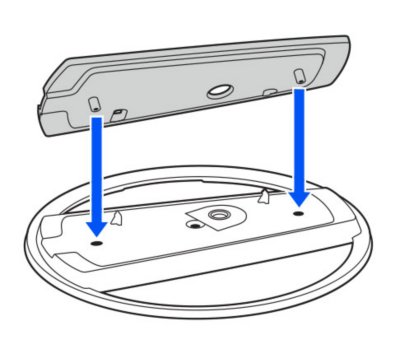 Image showing the stand with the raised part in the centre facing up. Arrows indicate the pegs on the attachment aligning with the holes on the stand.