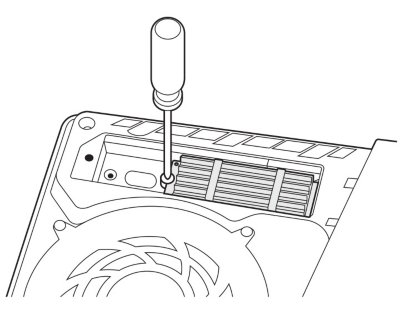 Ansicht der M.2-SSD, die flach im Erweiterungsslot liegt. Die Schraube wird mit einem Schraubendreher links von der M.2-SSD befestigt.
