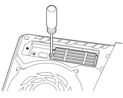 Vue du disque SSD M.2 posé à plat dans la fente d'extension. Un tournevis serre la vis située sur la gauche du disque SSD M.2.