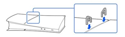 Side view of the PS5 console without a disc drive installed. Inset shows the feet (short) being inserted above the circle cover.